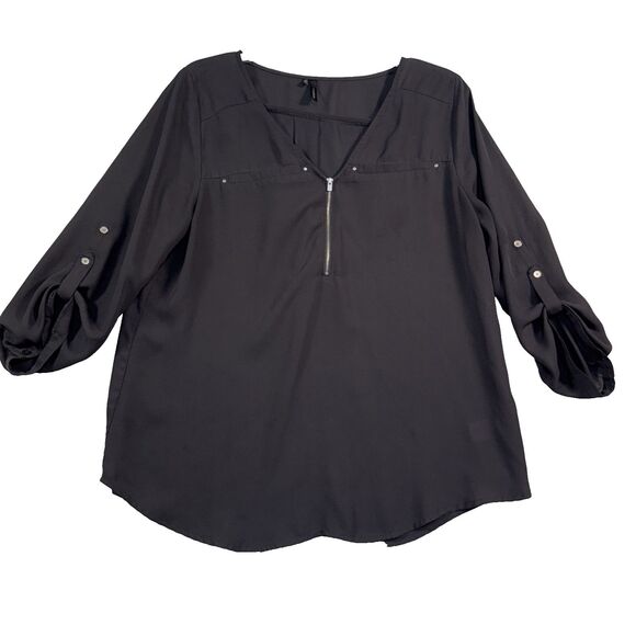 Maurices Sheer Tunic Blouse  1/4 Zip V Neck Top Roll Tab Sleeves Size L Black - Picture 1 of 8
